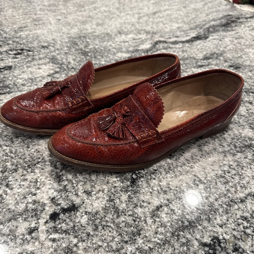 J.CREW BIELLA CRACLED LEATHER LOAFERS E0843‎ SIZE 9.5 WARM SEPIA ITALY